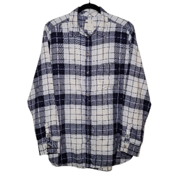 American Eagle Plaid Flannel Button-Up Shirt Blue White Boyfriend Fit XL Grunge - Picture 3 of 10